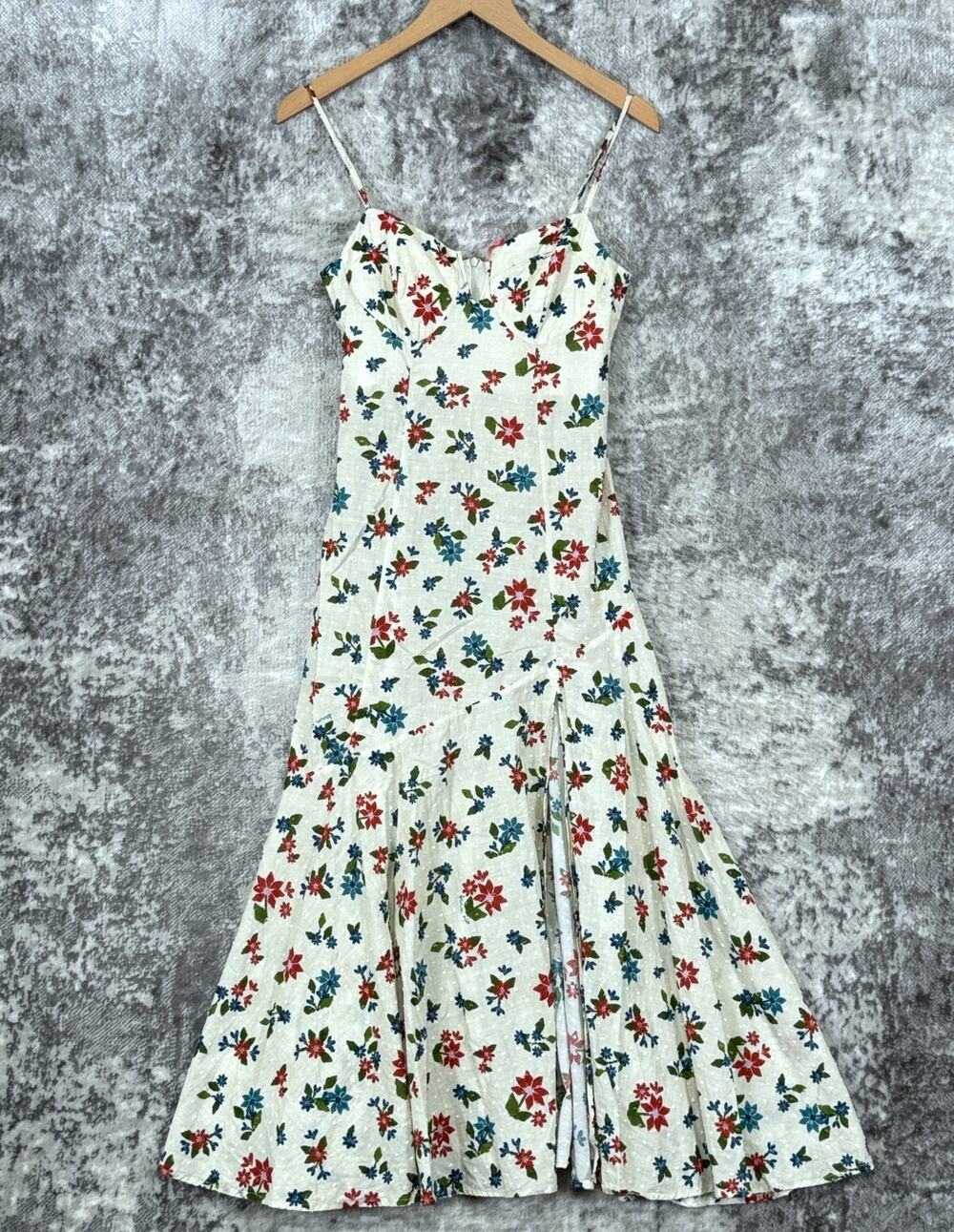 Farm Rio Dress XS Womens Floral Clip Dot Cotton Side Slit Midi